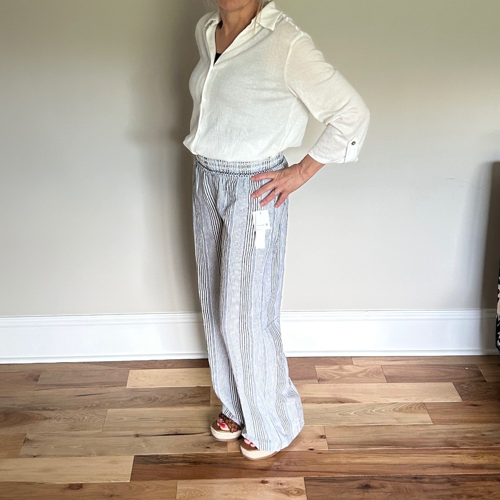 Navy Blue Striped Linen Pants